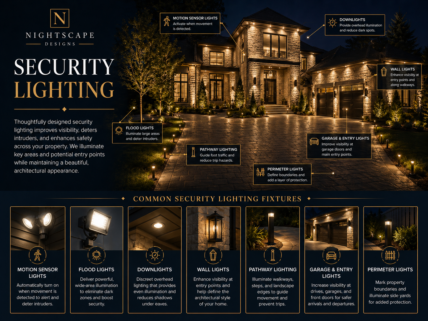 Security Lighting System Overview - Motion Sensors, Flood Lights, Downlights, Wall Lights, Pathway Lighting, Garage & Entry Lights, Perimeter Lights
